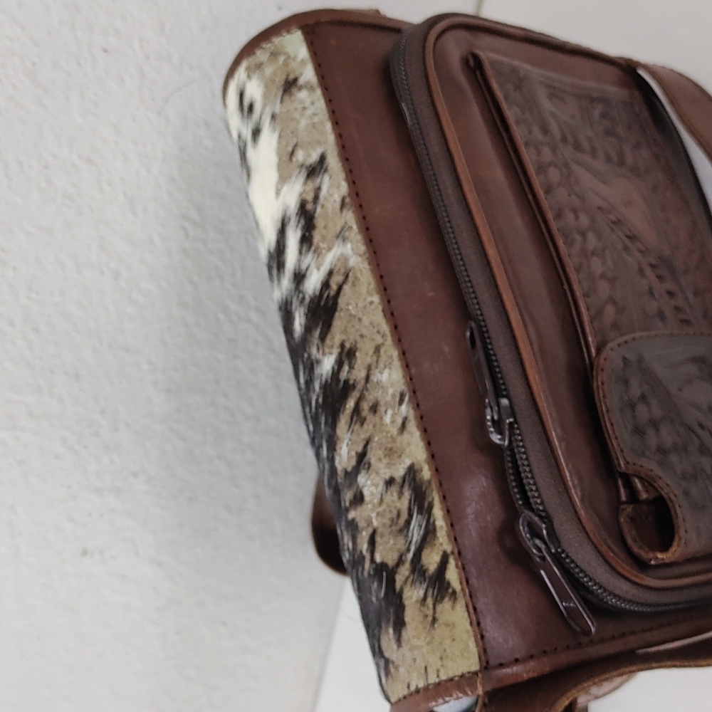Leaders In Leather Vntg Tooled Leather Pony Hair Flap Messenger Crossbody Bag - Picture 12 of 16